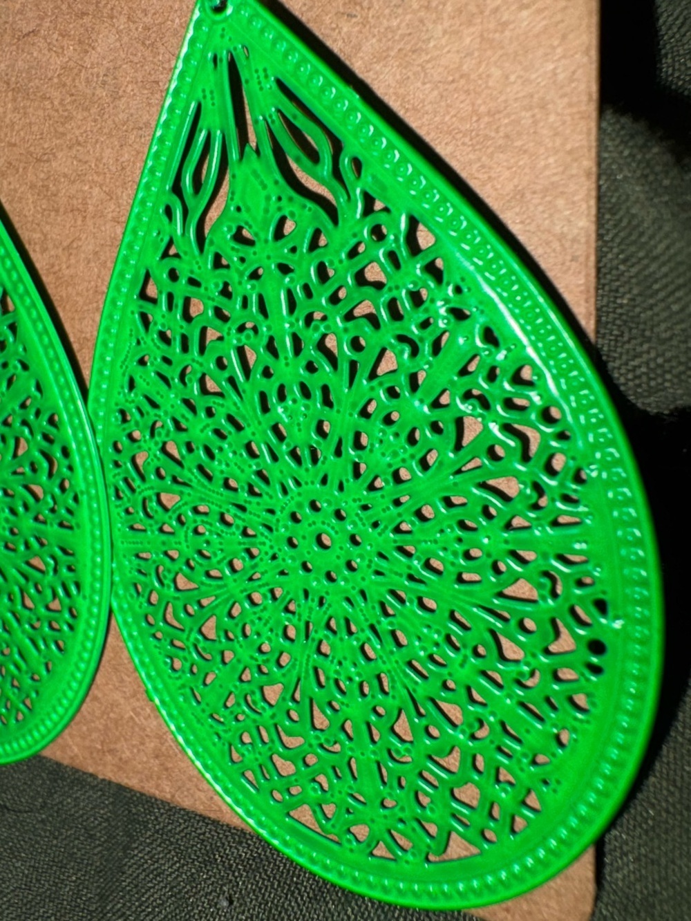 Green Filigree Teardrop Earrings - Lightweight Women Jewelry - Picture 2 of 2